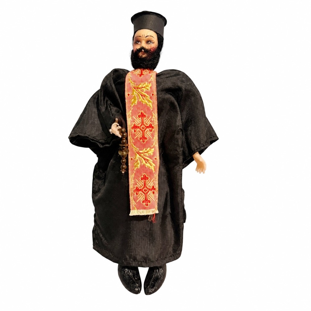 VTG Greek Orthodox Priest Souvenir Doll 7" Handmade Folk Art Religious Greece
